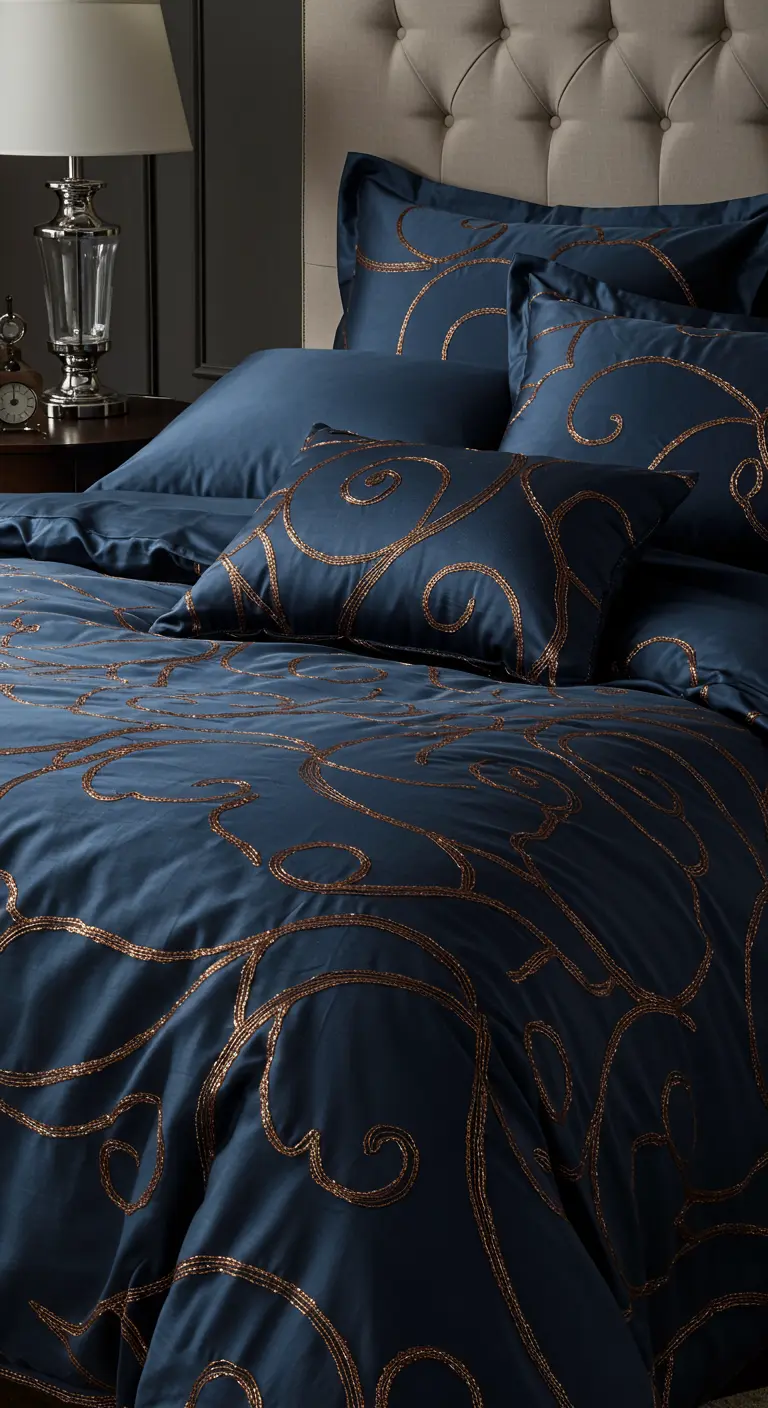 Ropa de cama de color azul oscuro con elaborados bordados en hilo de cobre.