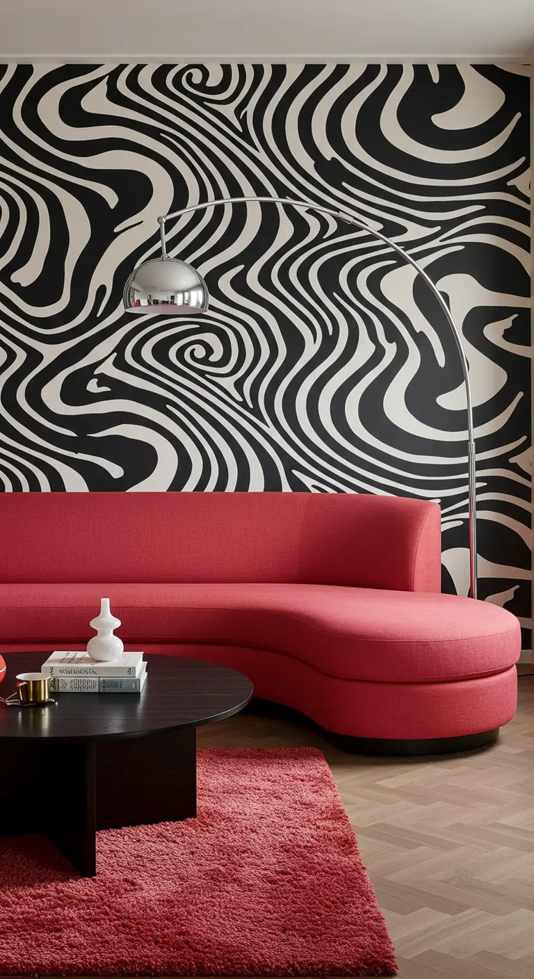 Sala con papel tapiz de Op-Art en blanco y negro y sofá curvo rojo.