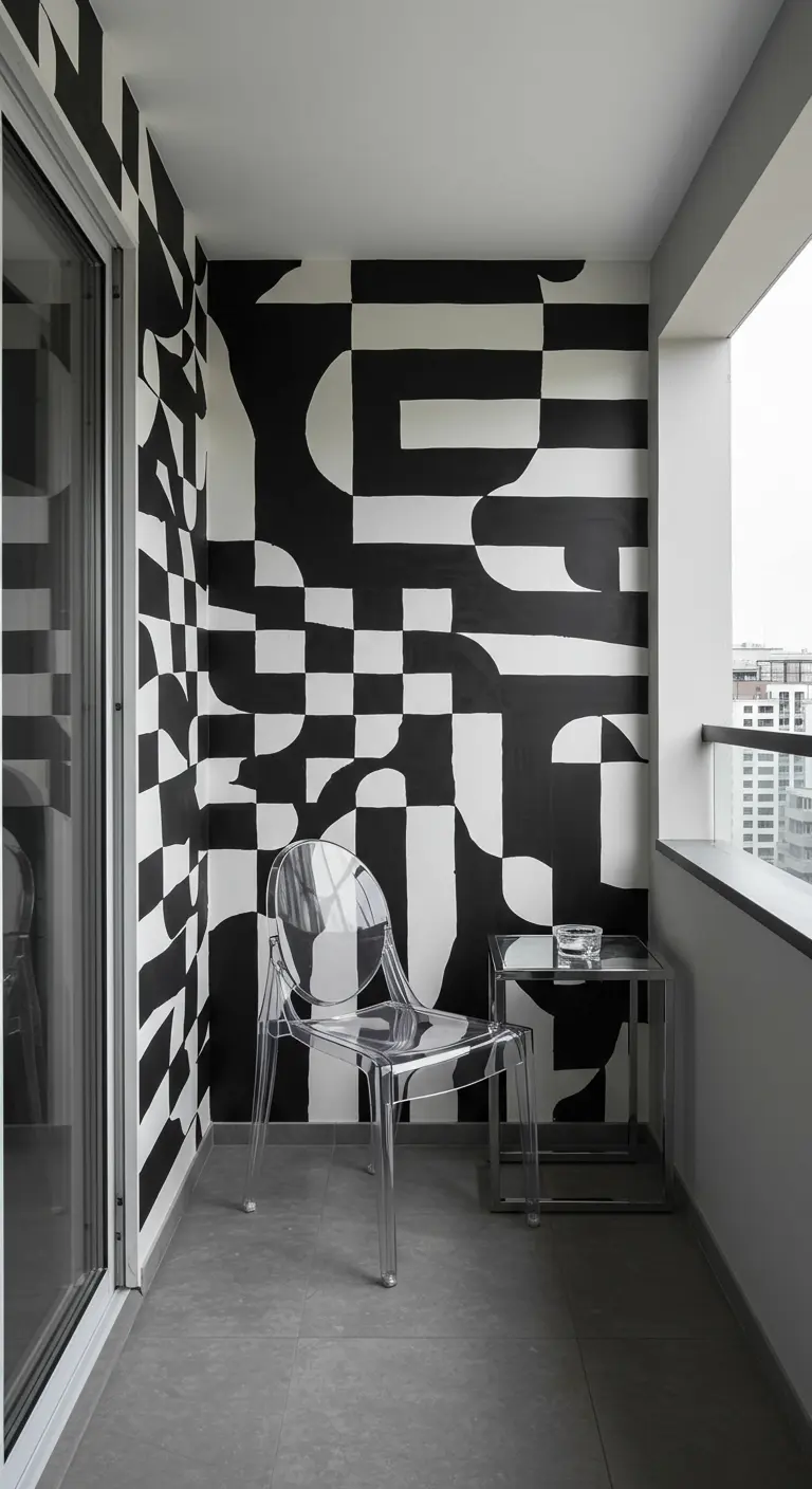 Balcón minimalista con un mural geométrico abstracto en blanco y negro.