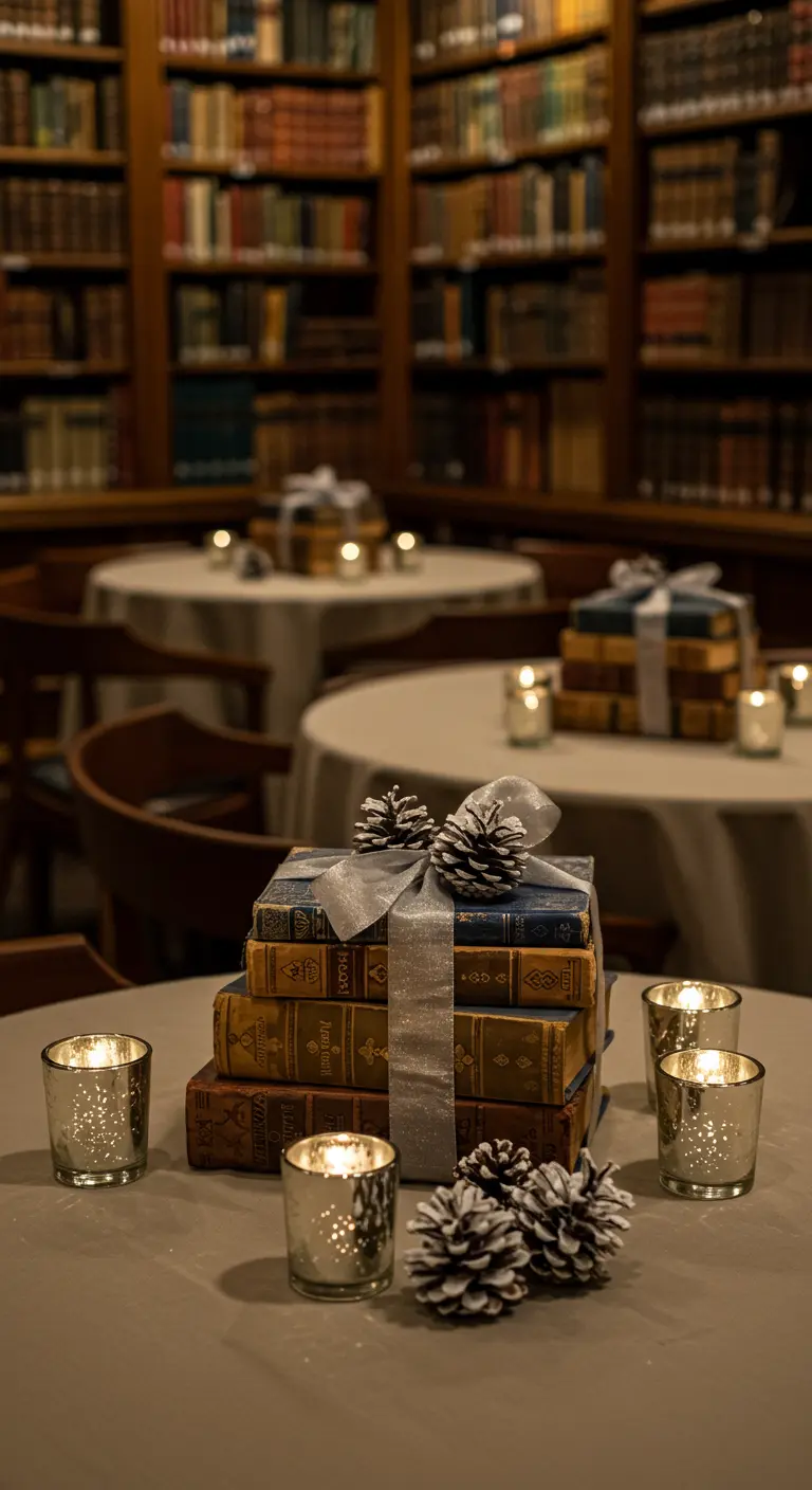 Pila de libros antiguos atados con una cinta plateada y decorados con piñas nevadas.