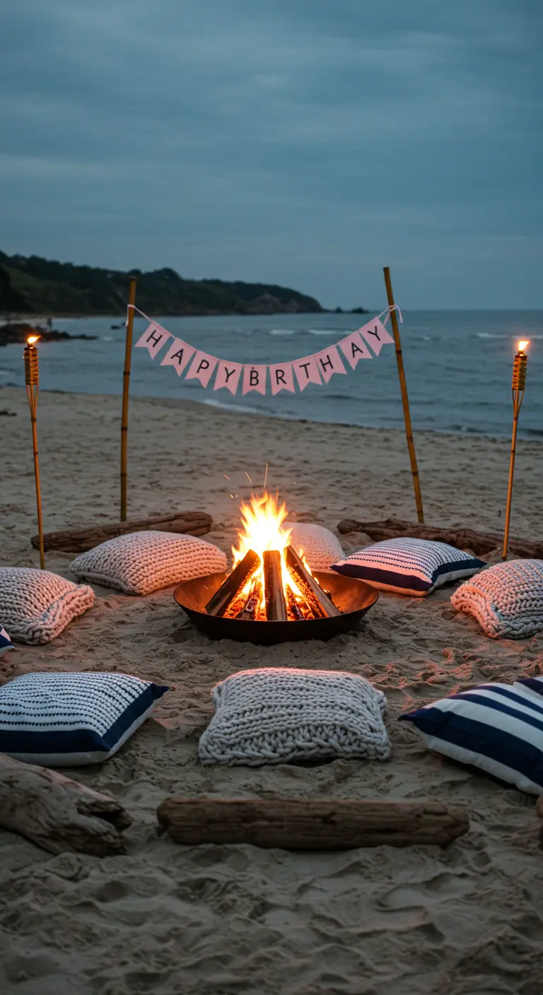 Fogata en la playa rodeada de cojines, con un cartel de