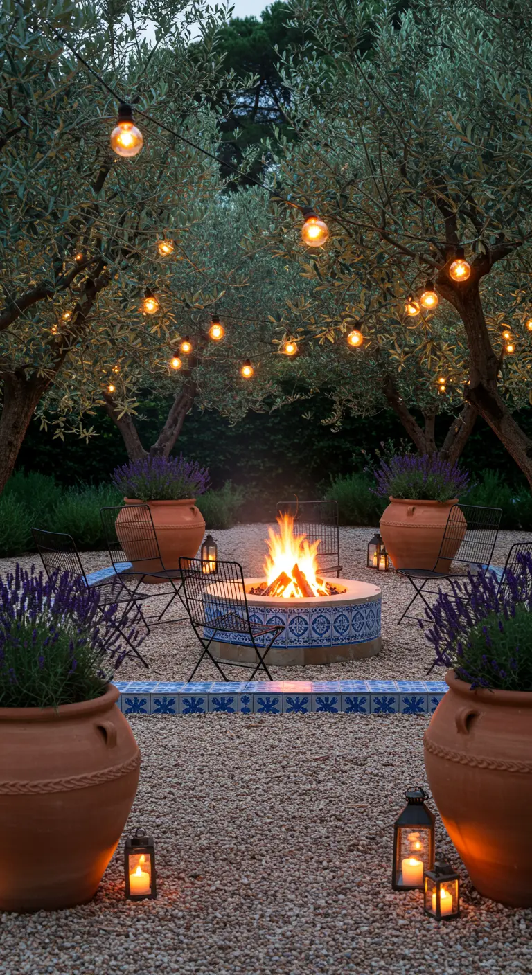 Brasero redondo decorado con azulejos azules, rodeado de olivos, lavanda y farolillos con velas