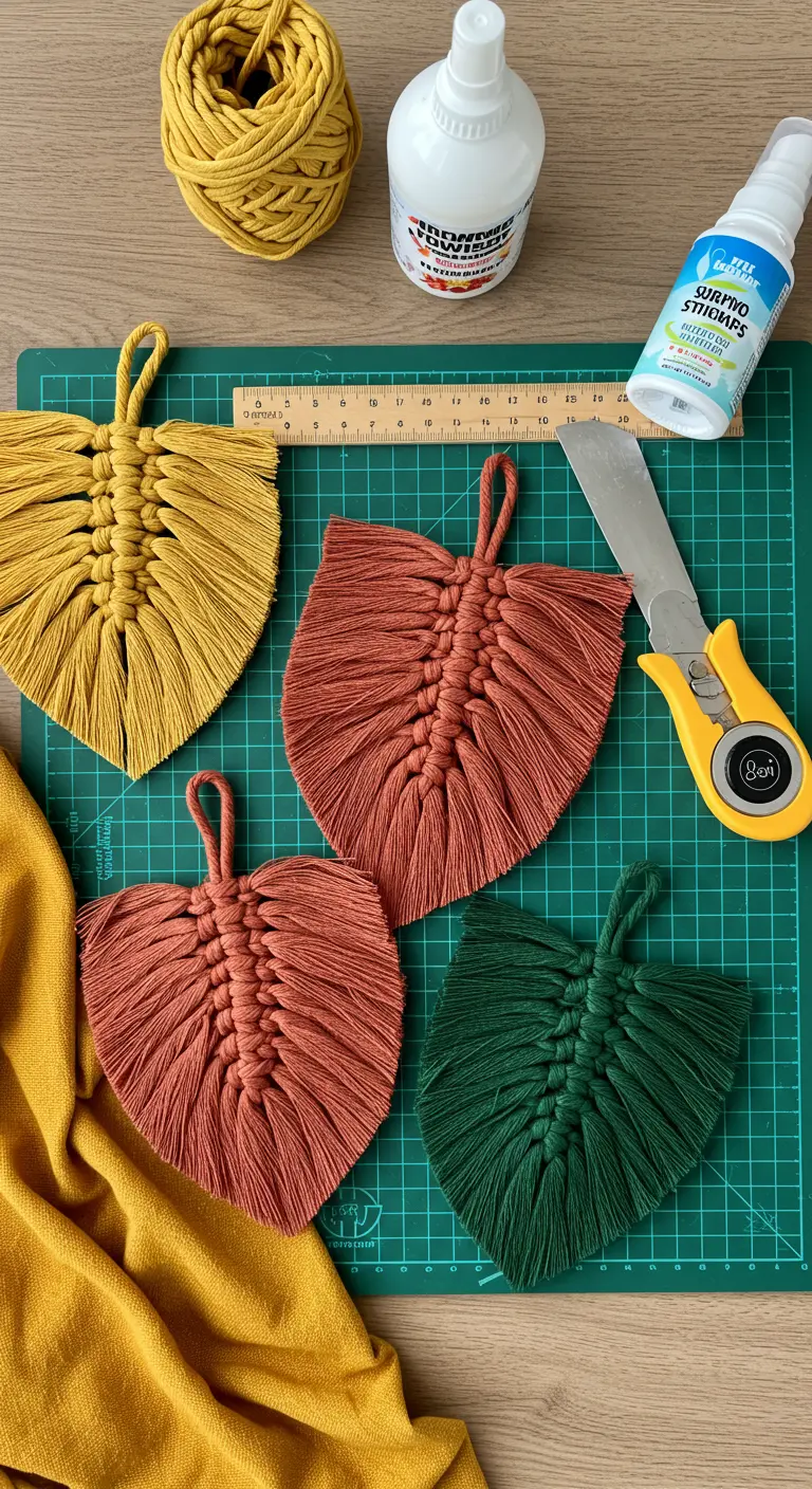 Cuatro hojas de macramé en tonos amarillo, terracota y verde sobre una base de corte verde.