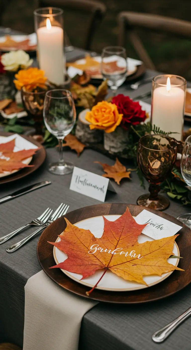 Hoja de arce otoñal con un nombre caligrafiado en ella, usada como tarjeta de sitio.