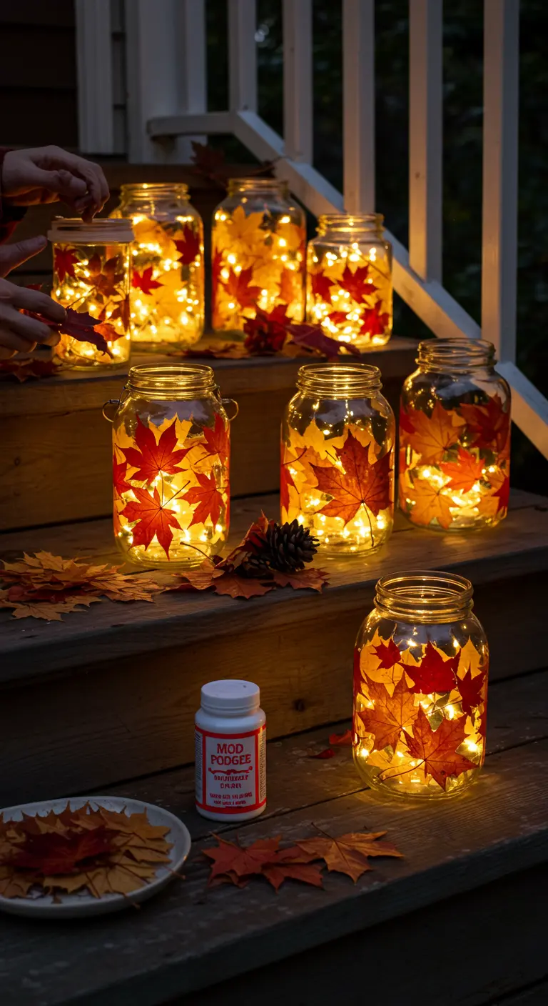 Frascos decorados con hojas de arce reales usando la técnica de decoupage, iluminados desde dentro.