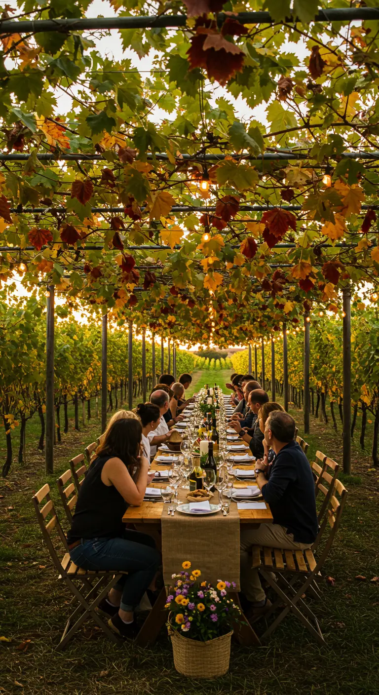 Cena en un viñedo bajo una pérgola de hojas de parra y luces cálidas.