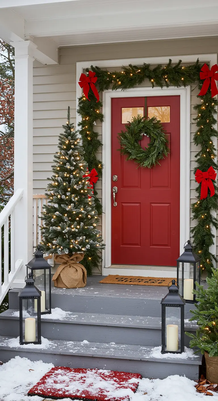 Decoración navideña en un porche con guirnaldas, luces, un árbol pequeño y faroles en la nieve.