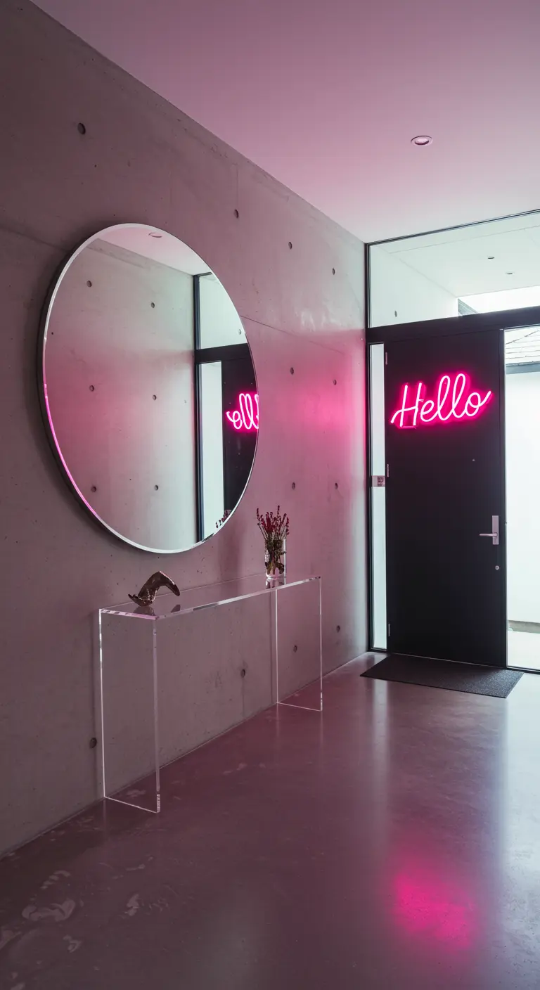 Entrada moderna con pared de hormigón, espejo redondo, consola acrílica y letrero de neón rosa.