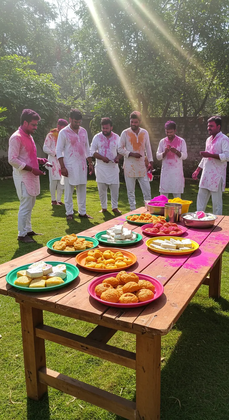 Mesa de madera al aire libre con platos de colores llenos de dulces indios para la fiesta de Holi.
