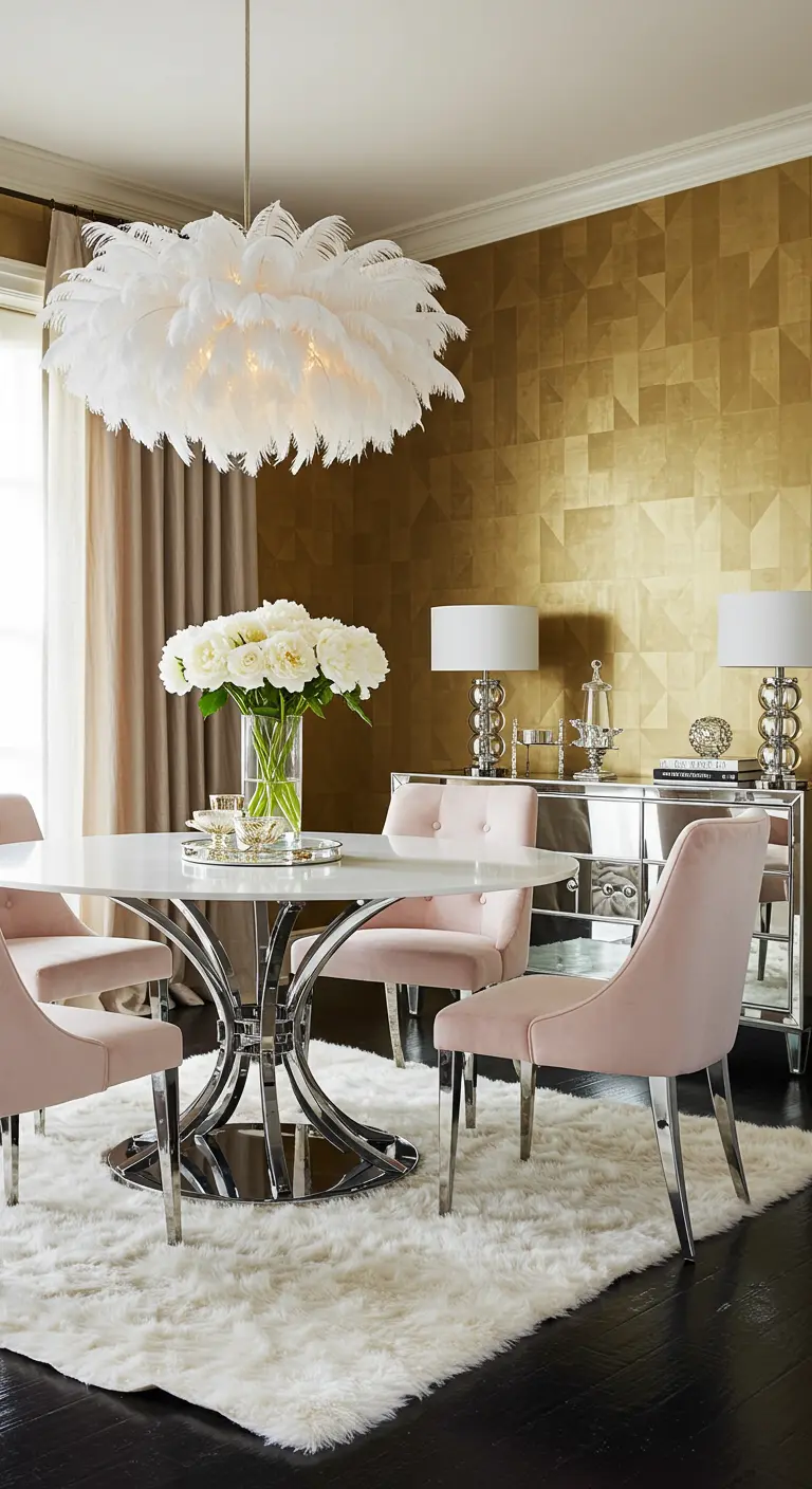 Comedor glamuroso con pared dorada, sillas de terciopelo rosa y lámpara de plumas.