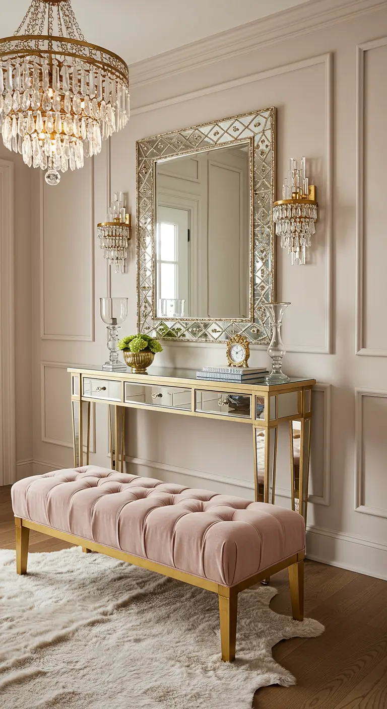 Entrada glamurosa con consola de espejo, banco de terciopelo rosa y lámparas de cristal.