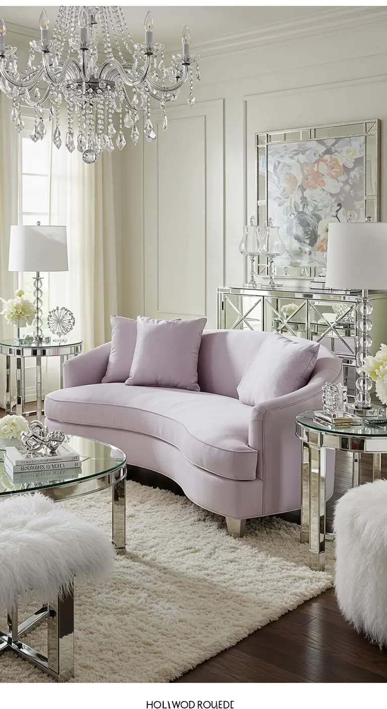 Sala estilo Hollywood Regency con un sofá curvo de color lavanda y muebles de espejo.