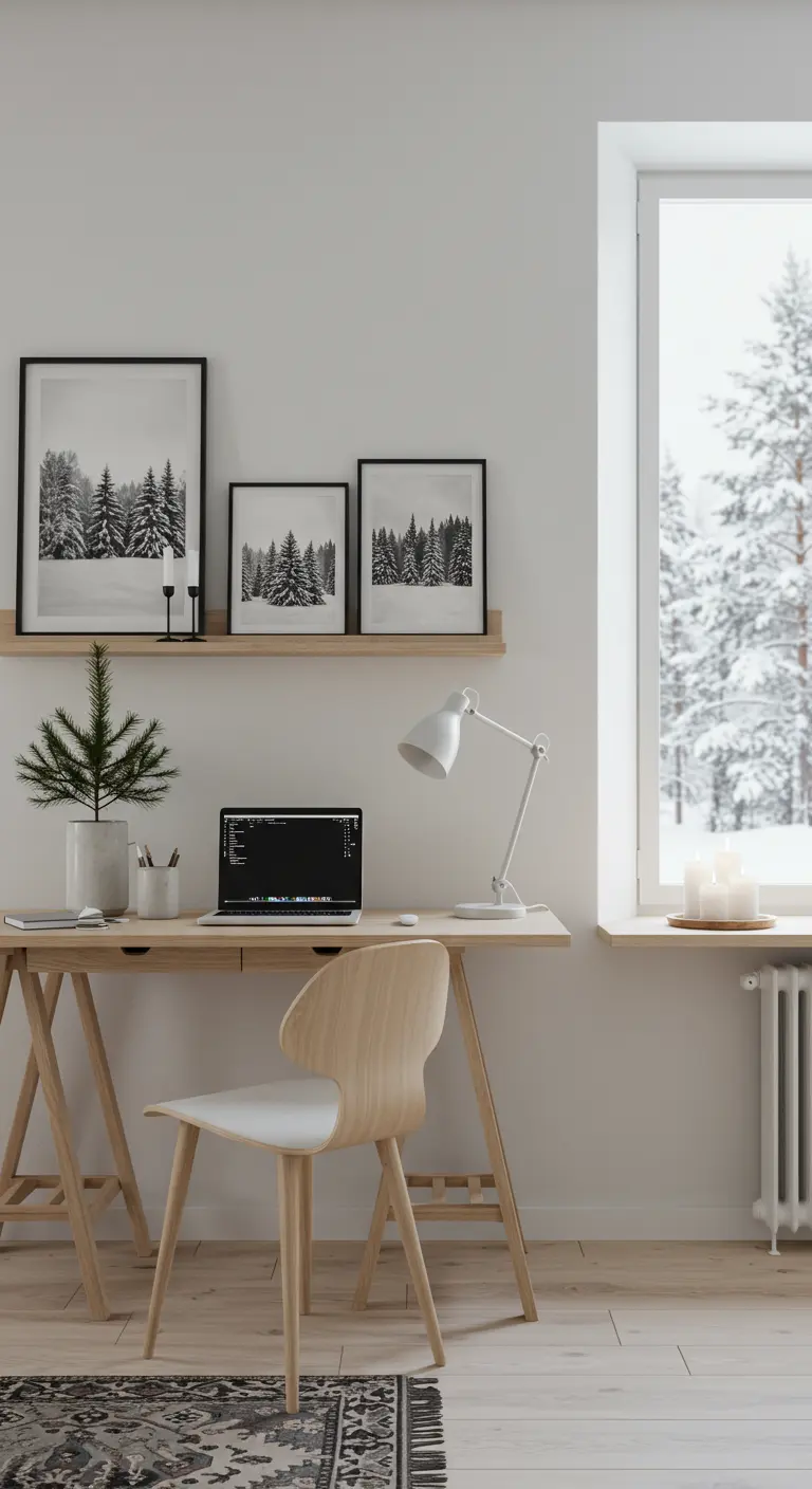Escritorio de madera minimalista con láminas de bosques nevados, un mini abeto y una lámpara blanca