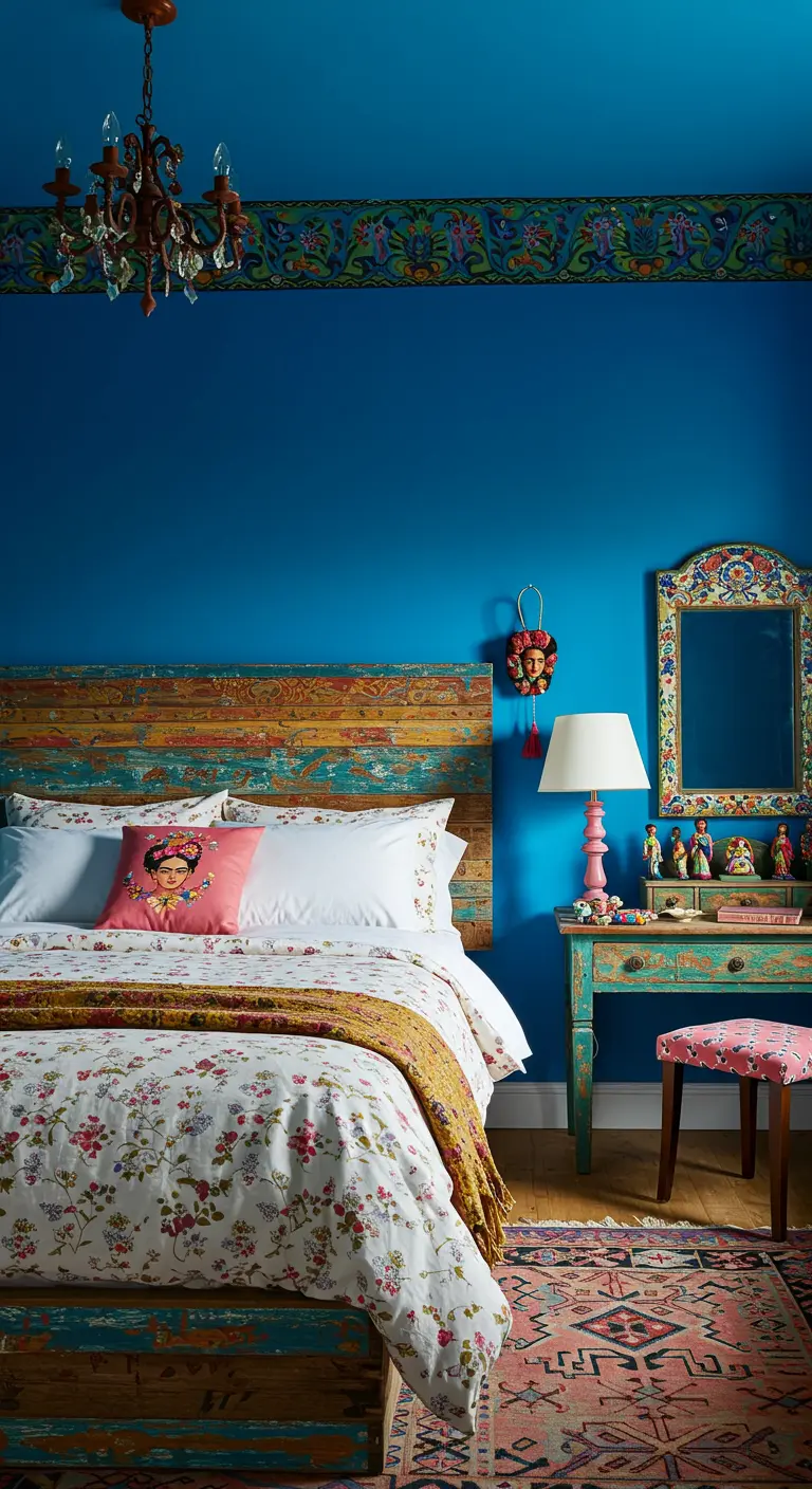 Dormitorio inspirado en Frida Kahlo con paredes azules, cama de madera reciclada y cojín de Frida.