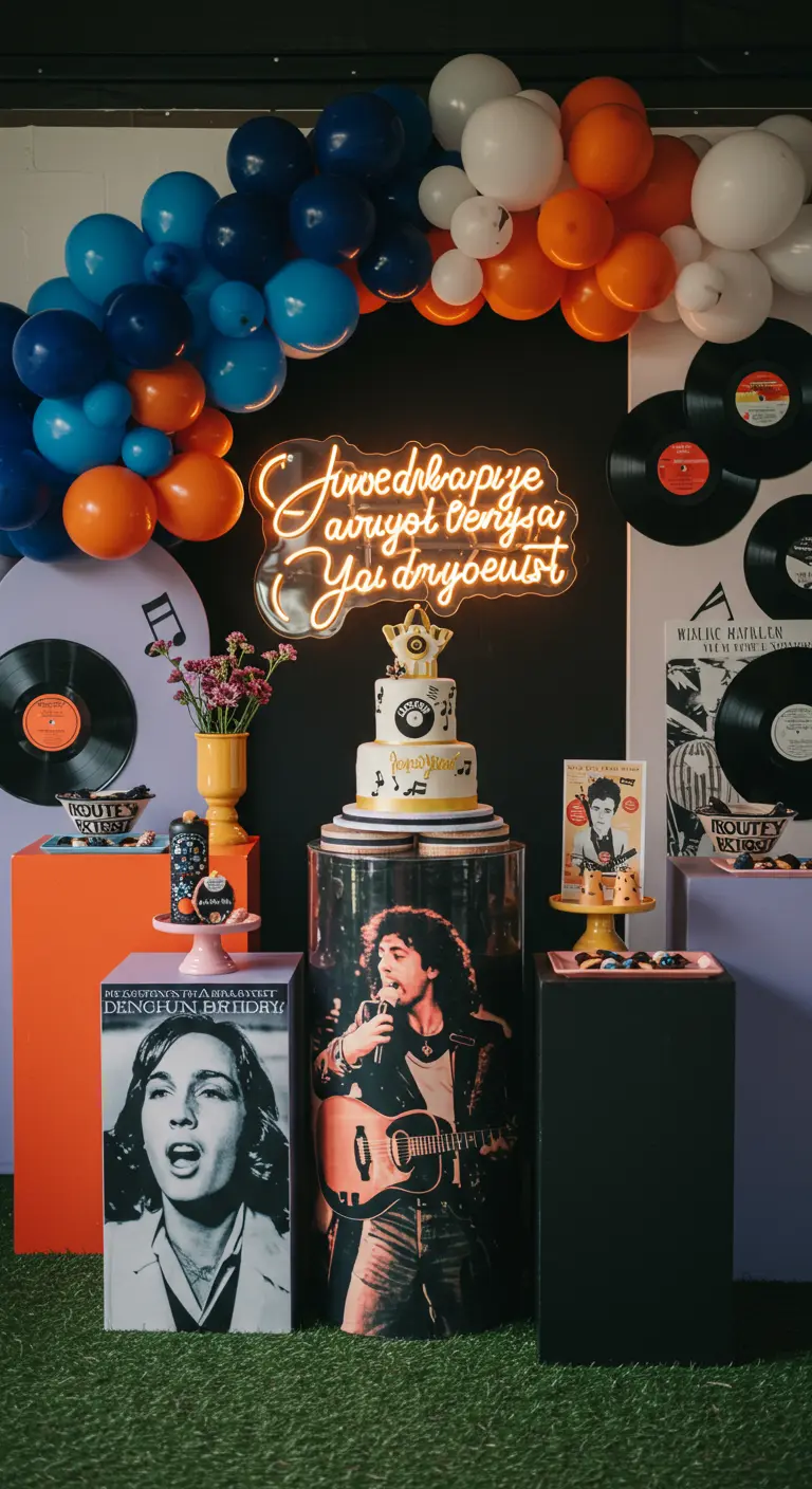 Decoración de cumpleaños musical con discos de vinilo y un neón con una frase de canción.