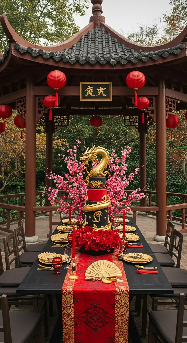 Mesa de fiesta de Mulán en un jardín con farolillos rojos y pastel con dragón dorado.