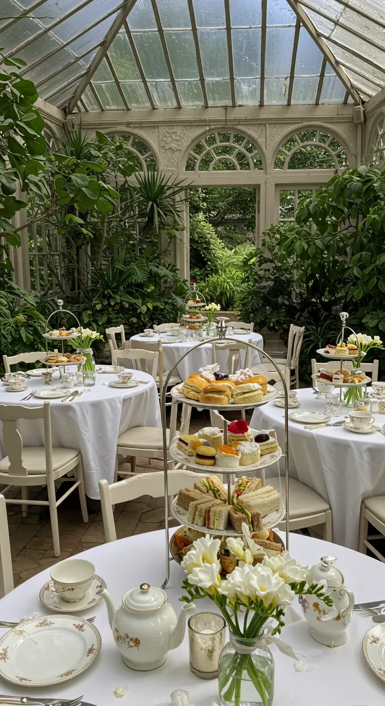 Mesas redondas en un invernadero con soportes de varios pisos llenos de pasteles y sándwiches.
