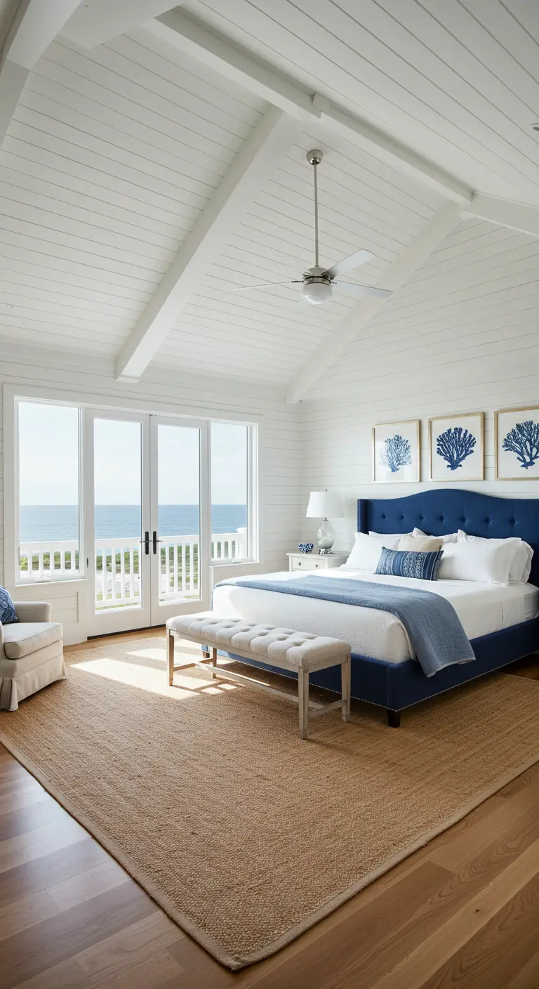 Dormitorio costero con techo de vigas blancas, cama con cabecera azul y vistas al mar.