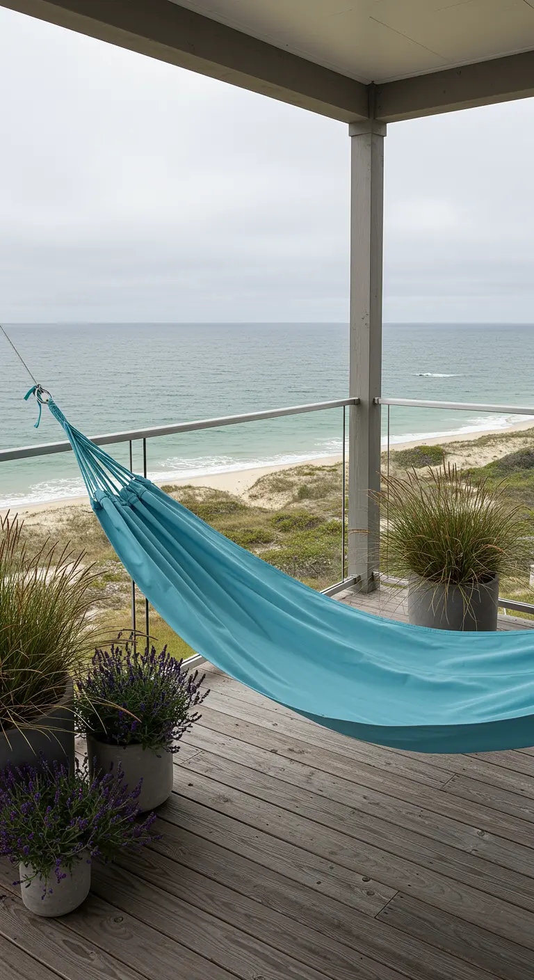 Balcón con suelo de madera, hamaca turquesa y plantas de lavanda con vistas al mar