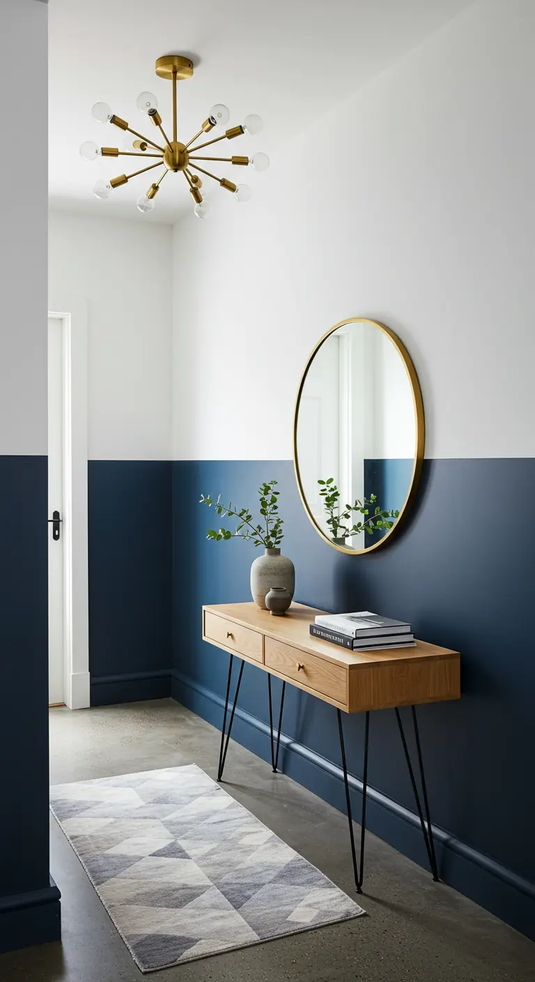 Recibidor con pared bicolor en azul marino y blanco, consola de madera y lámpara dorada.