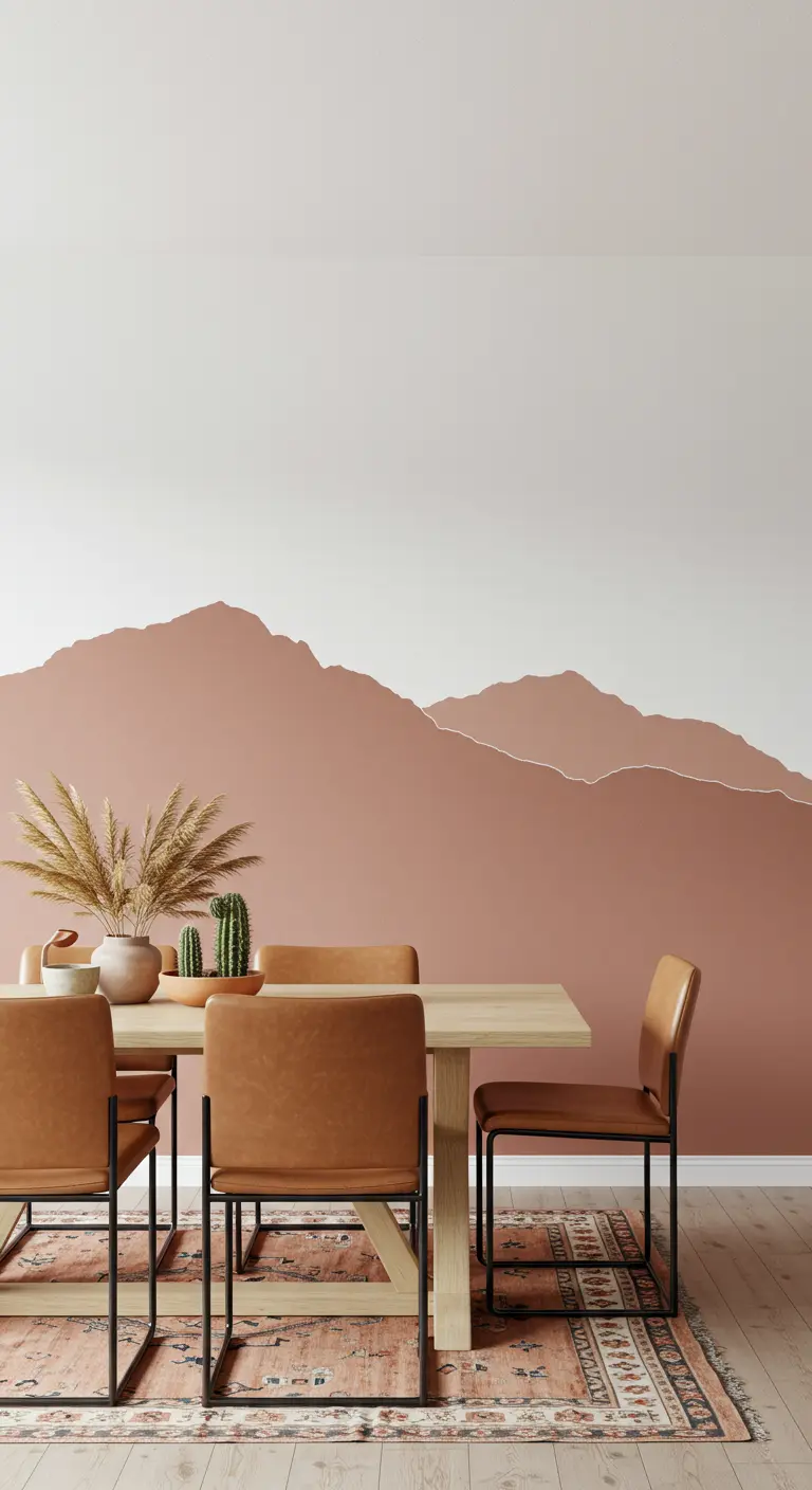Comedor con mural de montañas en tonos terracota pintado en la pared y sillas de cuero.
