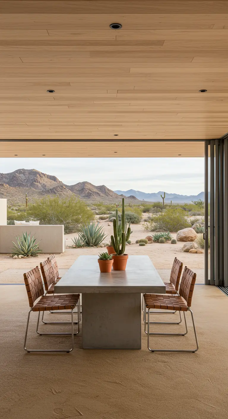 Comedor moderno con techo de madera clara que se abre a un paisaje desértico