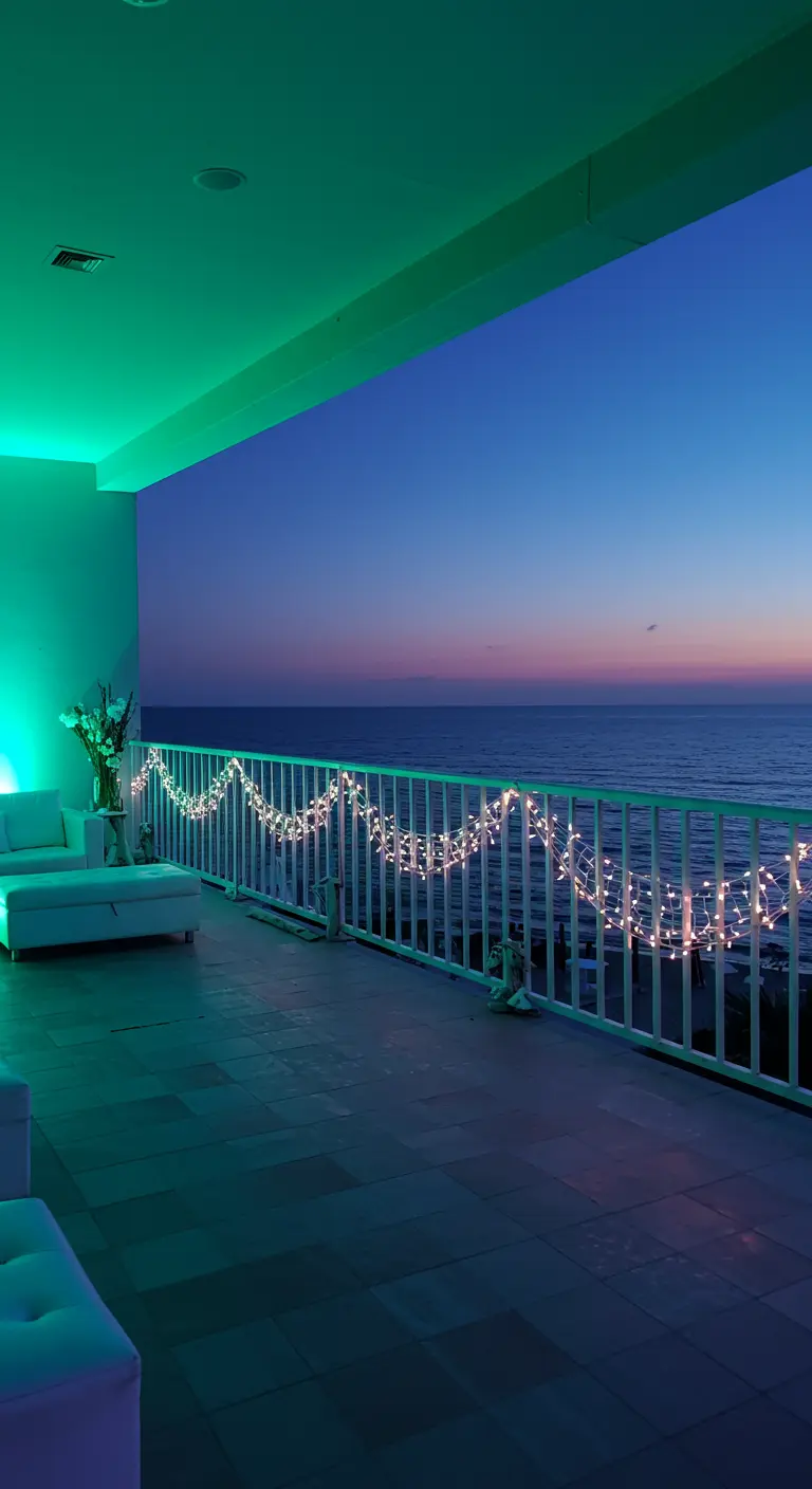 Balcón con vistas al mar al atardecer, iluminado con luz LED verde y una guirnalda blanca en la barandilla