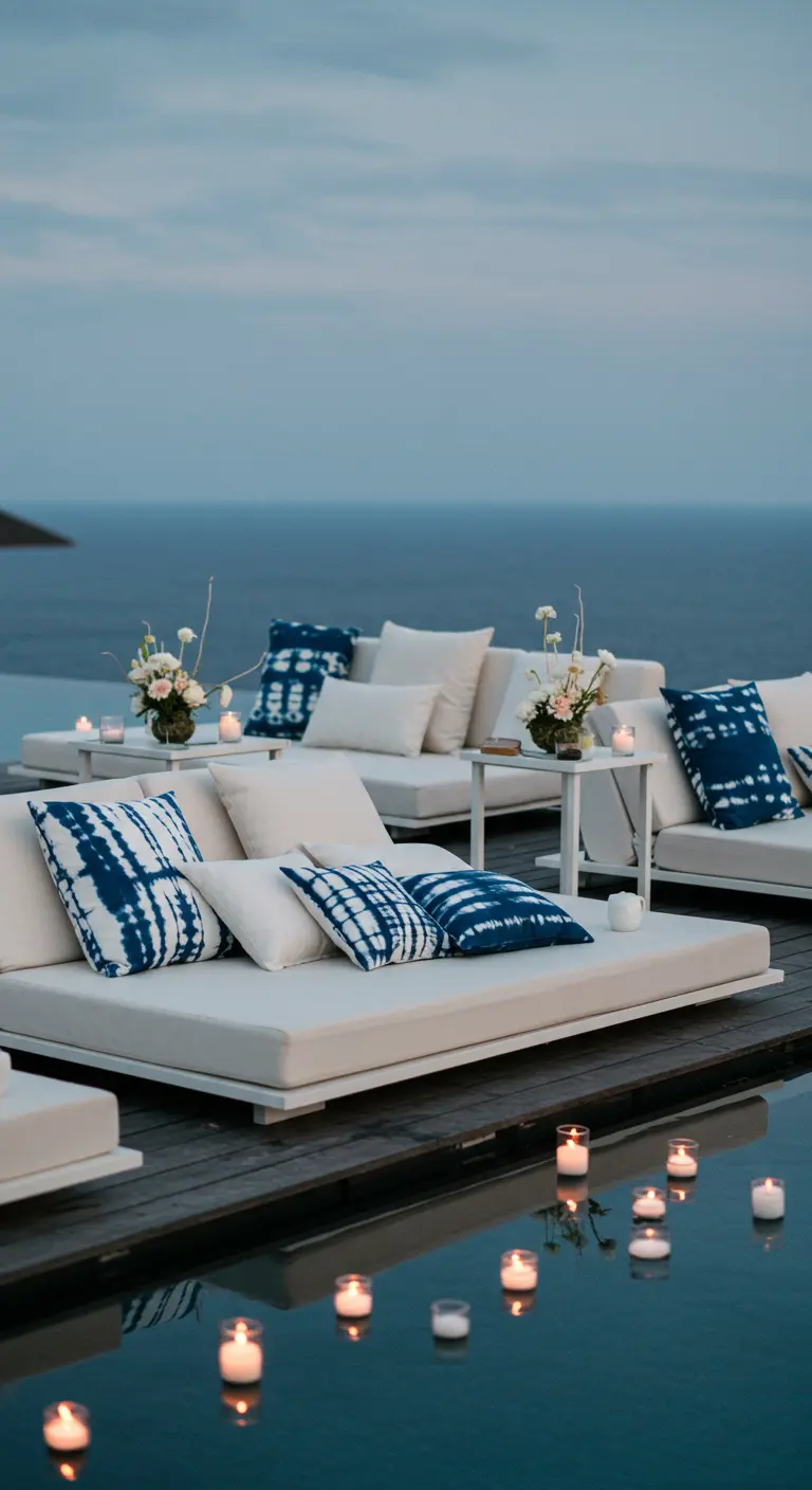 Tumbonas blancas con cojines índigo junto a una piscina infinita con velas flotantes.
