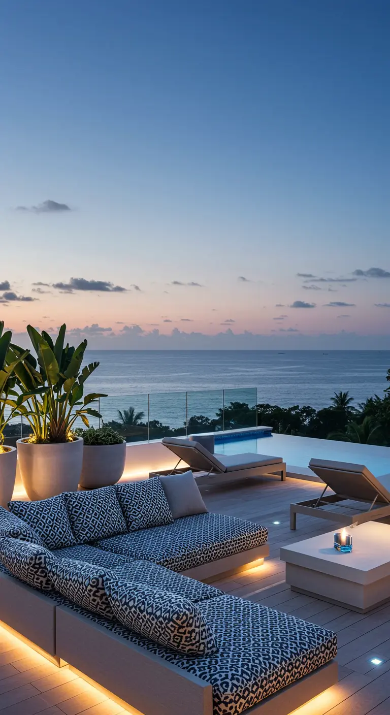 Terraza en azotea con piscina, vistas al mar y un gran sofá con cojines geométricos.