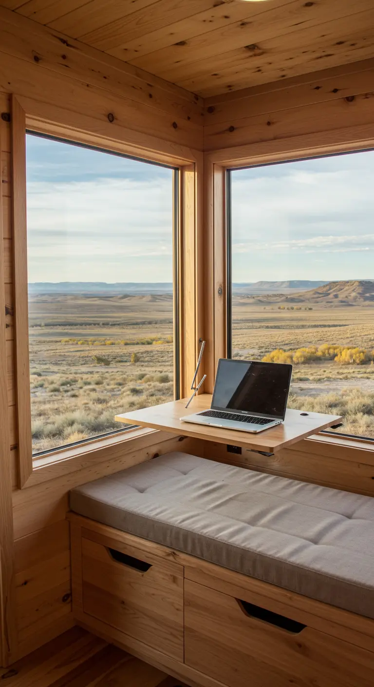 Rincón de trabajo en una cabaña moderna con un escritorio plegable y vistas a una vasta pradera.