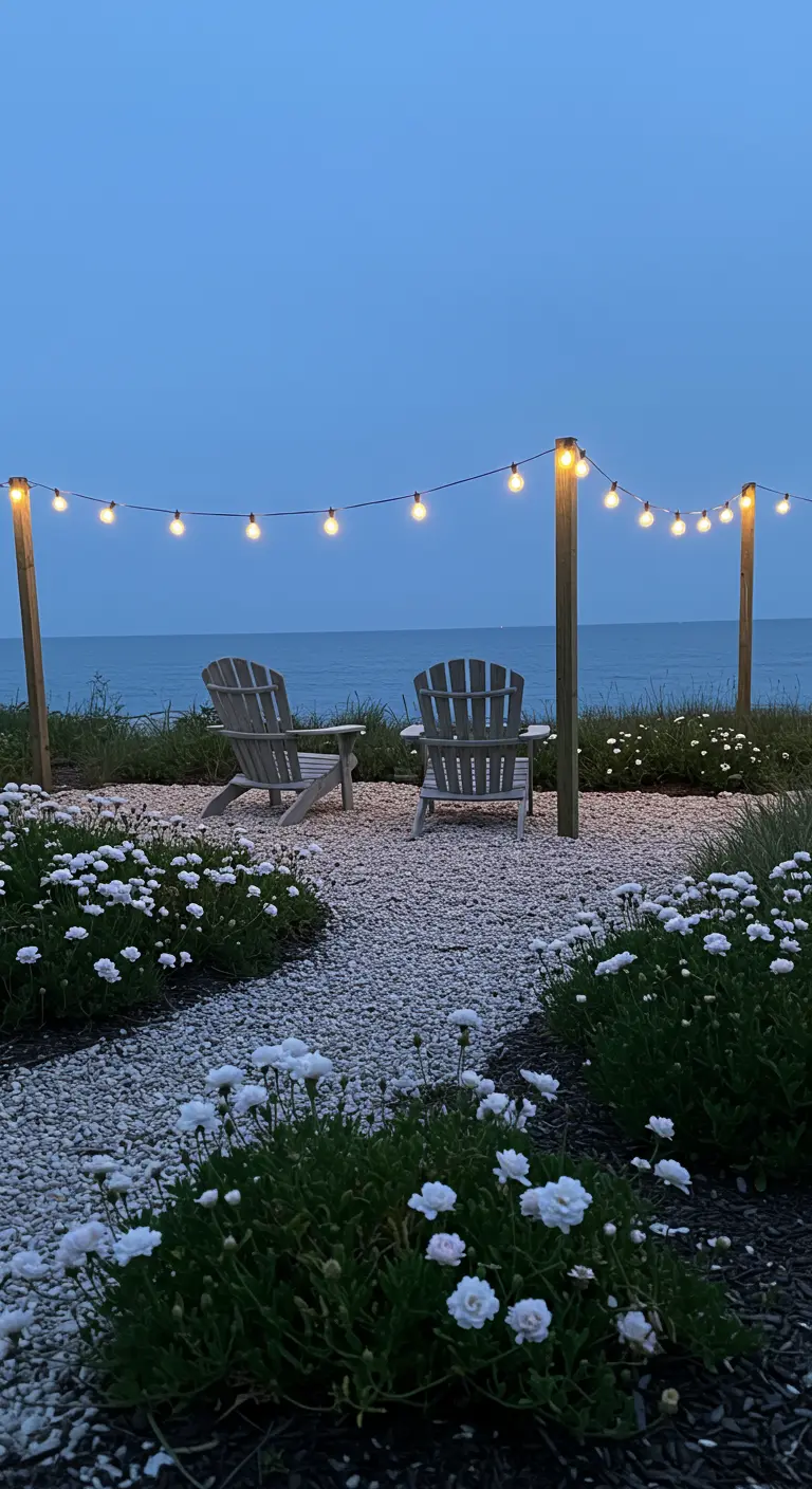 Jardín frente al mar con sillas Adirondack, luces colgando de postes de madera y flores blancas.