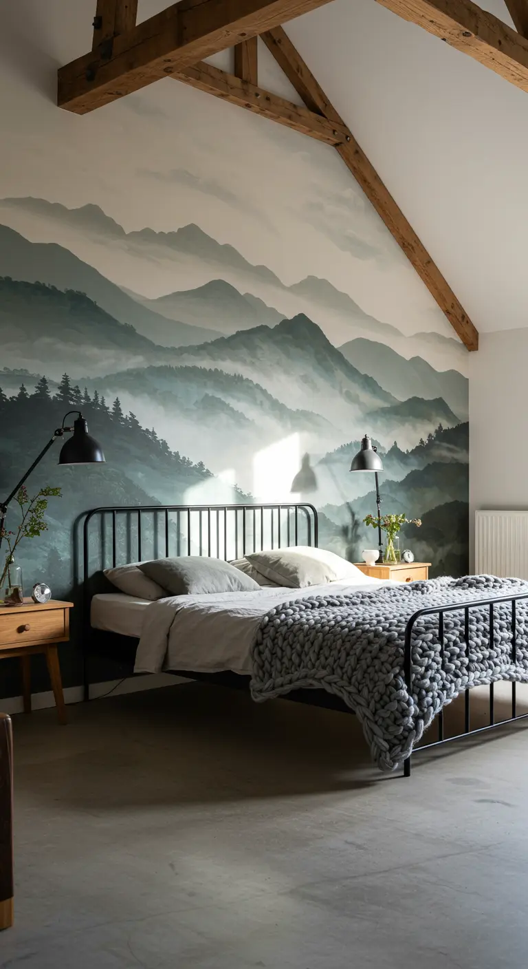 Dormitorio rústico con un mural de montañas neblinosas y cama de hierro forjado.