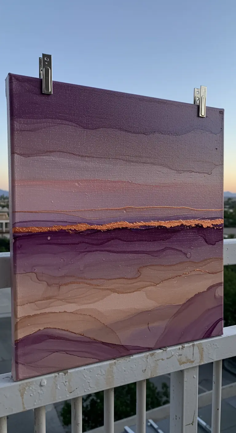 Lienzo con pintura de tinta de alcohol en degradado de púrpuras y una línea de cobre