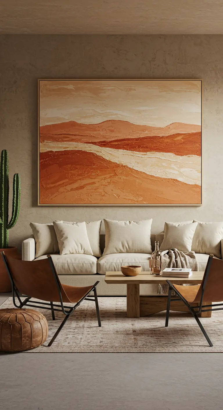 Salón en tonos tierra con un cuadro de un paisaje desértico, sofá de lino y sillones de cuero.
