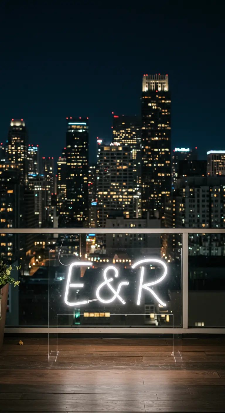 Letrero de neón 'E & R' en un soporte de acrílico transparente en un balcón con vistas a la ciudad.