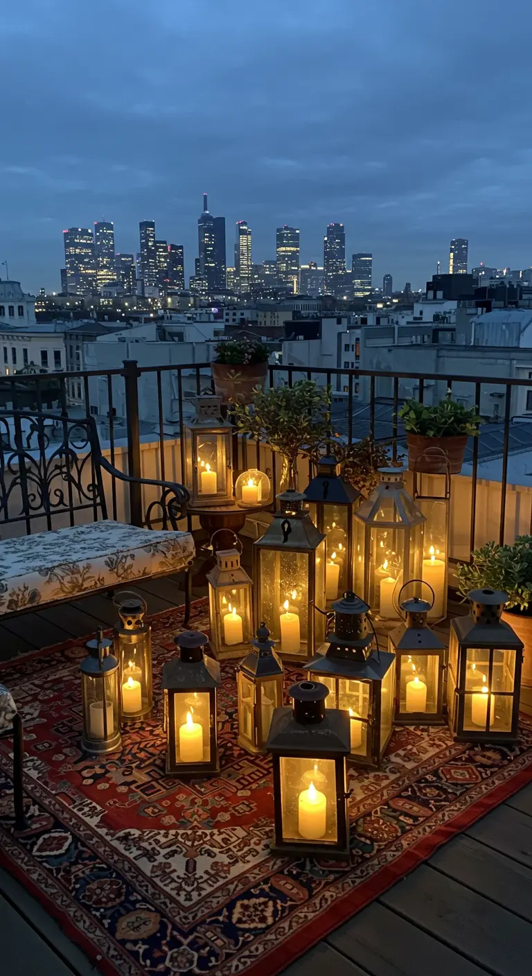 Azotea con vistas a la ciudad iluminada por un gran grupo de faroles con velas sobre una alfombra.