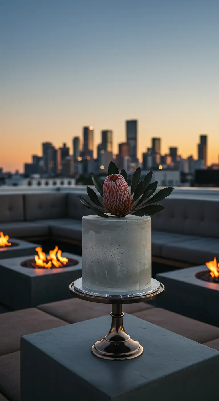 Pastel gris minimalista con una flor de protea en una azotea con vistas a la ciudad.