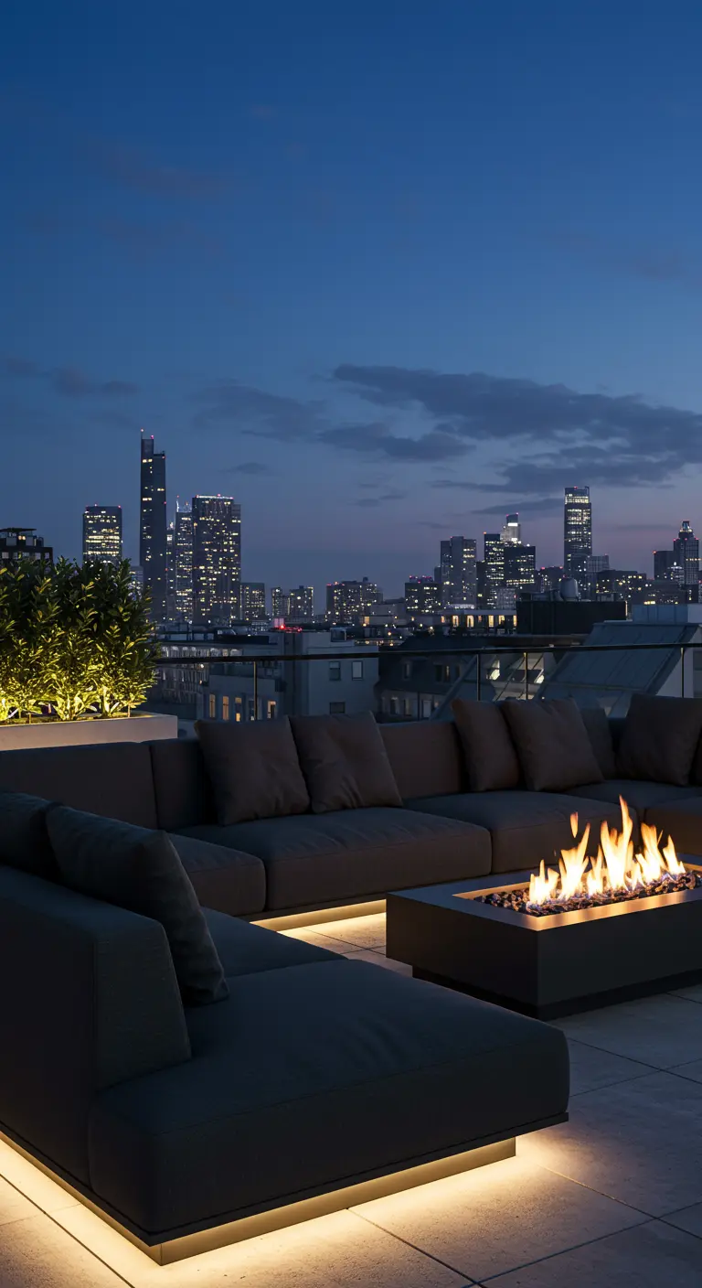 Terraza moderna en una azotea con un sofá modular oscuro iluminado por debajo y un brasero central