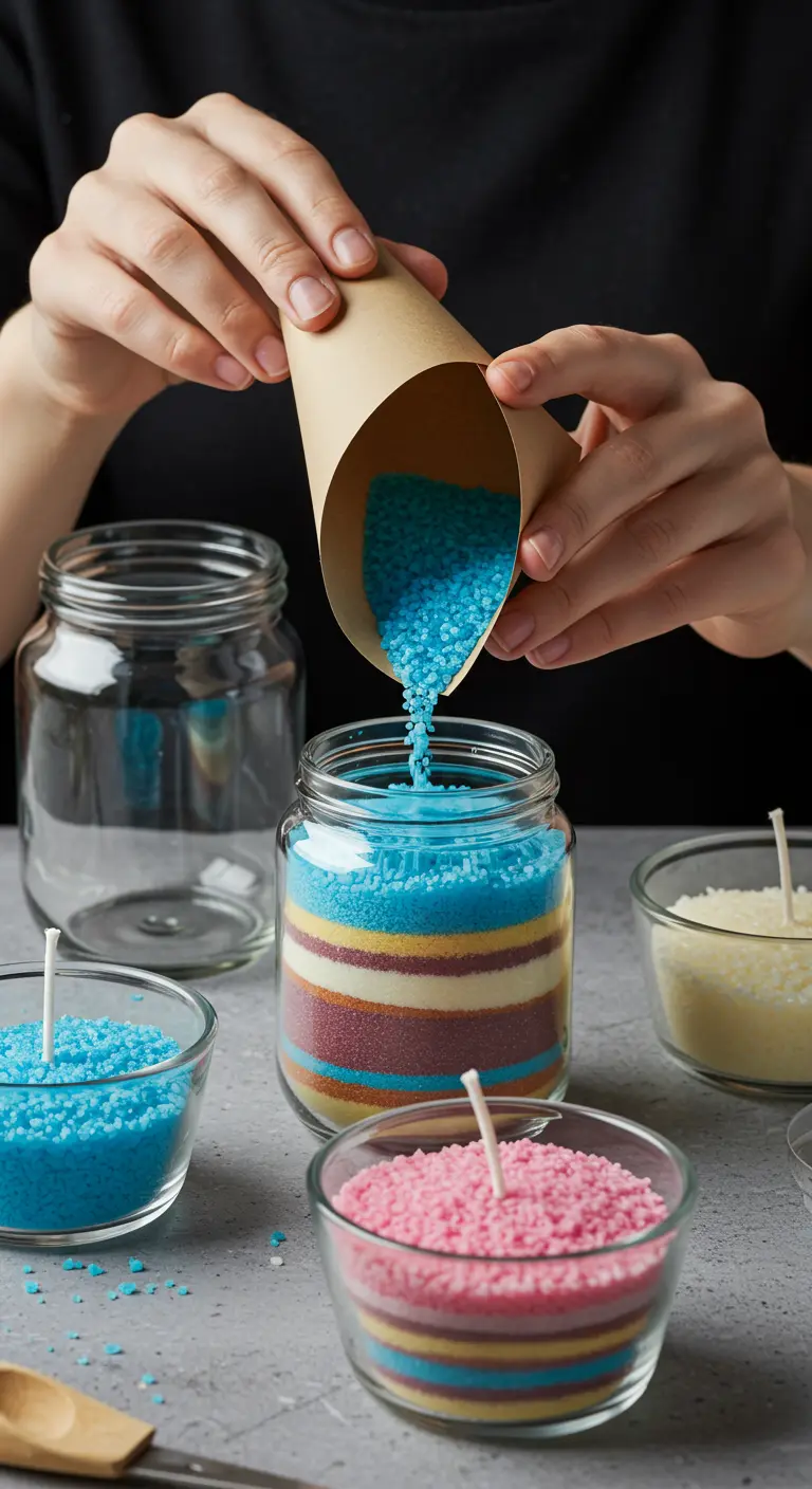 Creando una vela de arena casera vertiendo capas de gránulos de cera de colores en un frasco