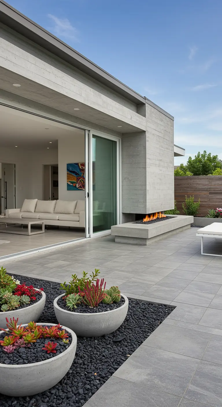Patio de diseño moderno con suelo de baldosas grises, maceteros de hormigón con suculentas y un fogonero lineal