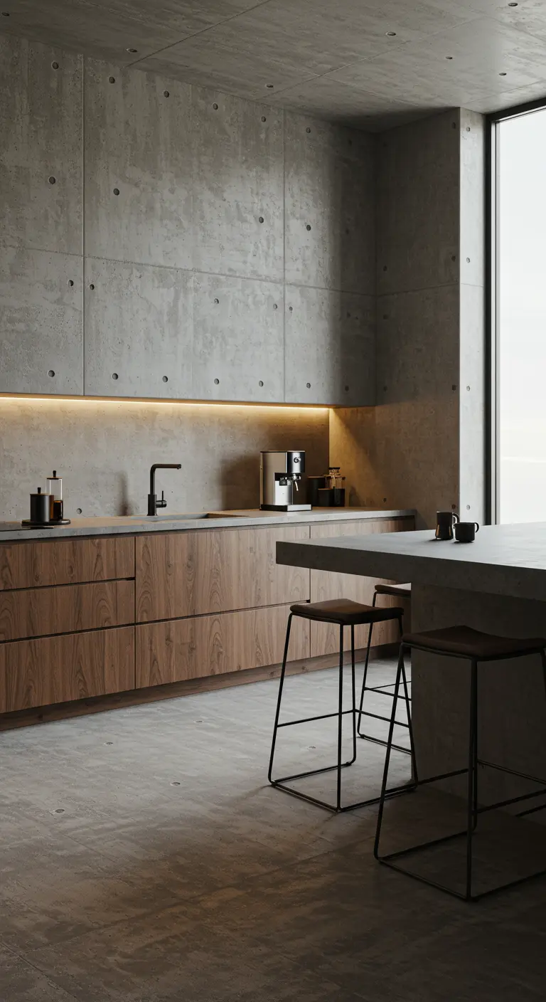 Cocina minimalista de hormigón y madera con iluminación LED cálida bajo los gabinetes.