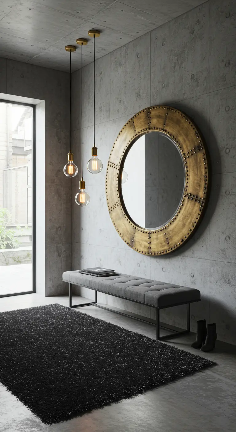 Recibidor industrial con pared de hormigón, espejo grande de latón y banco tapizado gris.