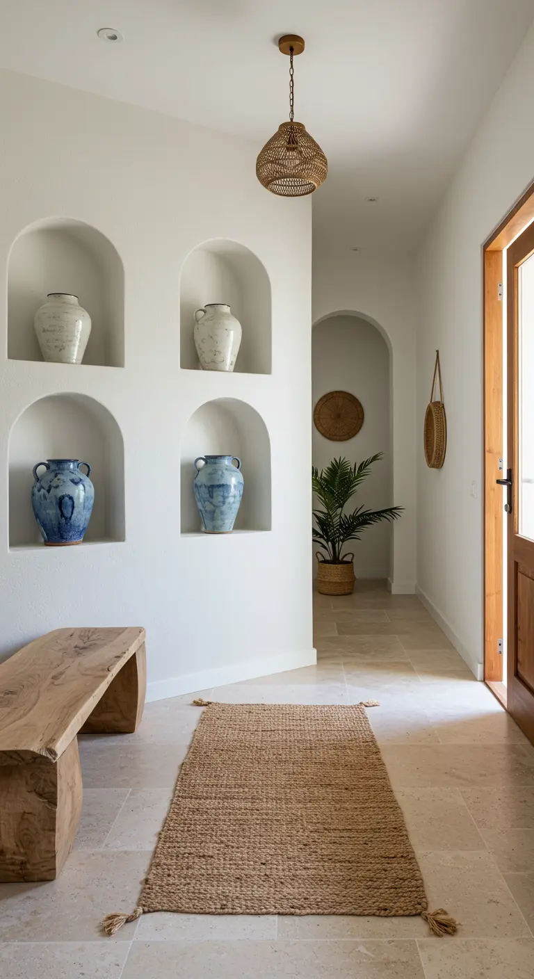 Pared blanca con varias hornacinas en arco que exhiben vasijas de cerámica.