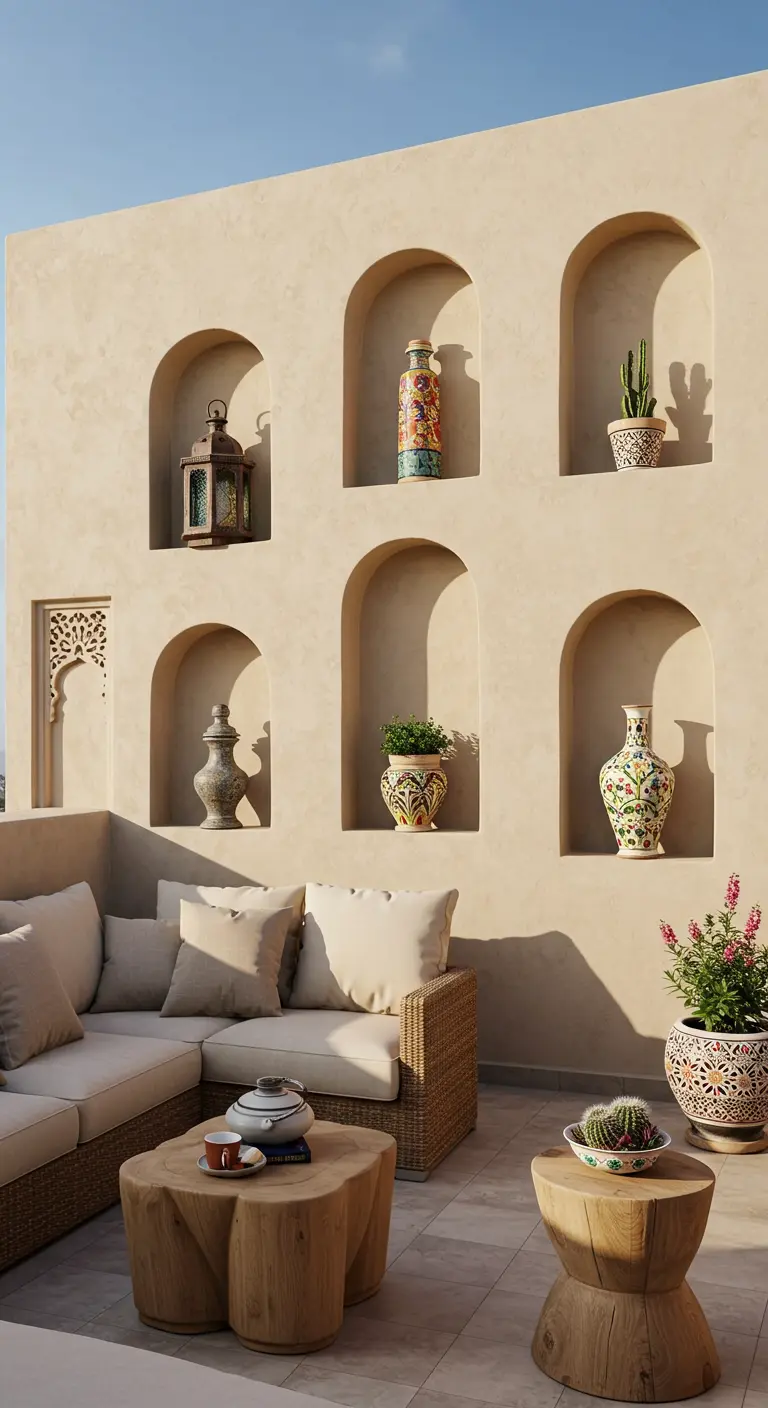 Pared color arena con varias hornacinas en forma de arco que exhiben jarrones, faroles y plantas.