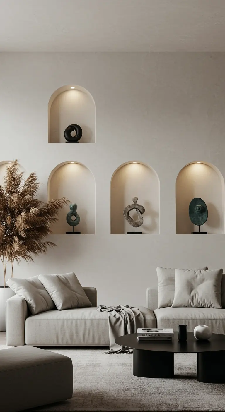 Pared con varias hornacinas en forma de arco iluminadas para exhibir esculturas