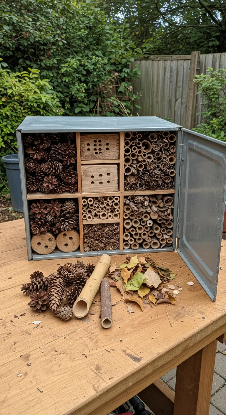 Caja metálica con compartimentos de madera rellenos de piñas y bambú para crear un hotel de insectos.
