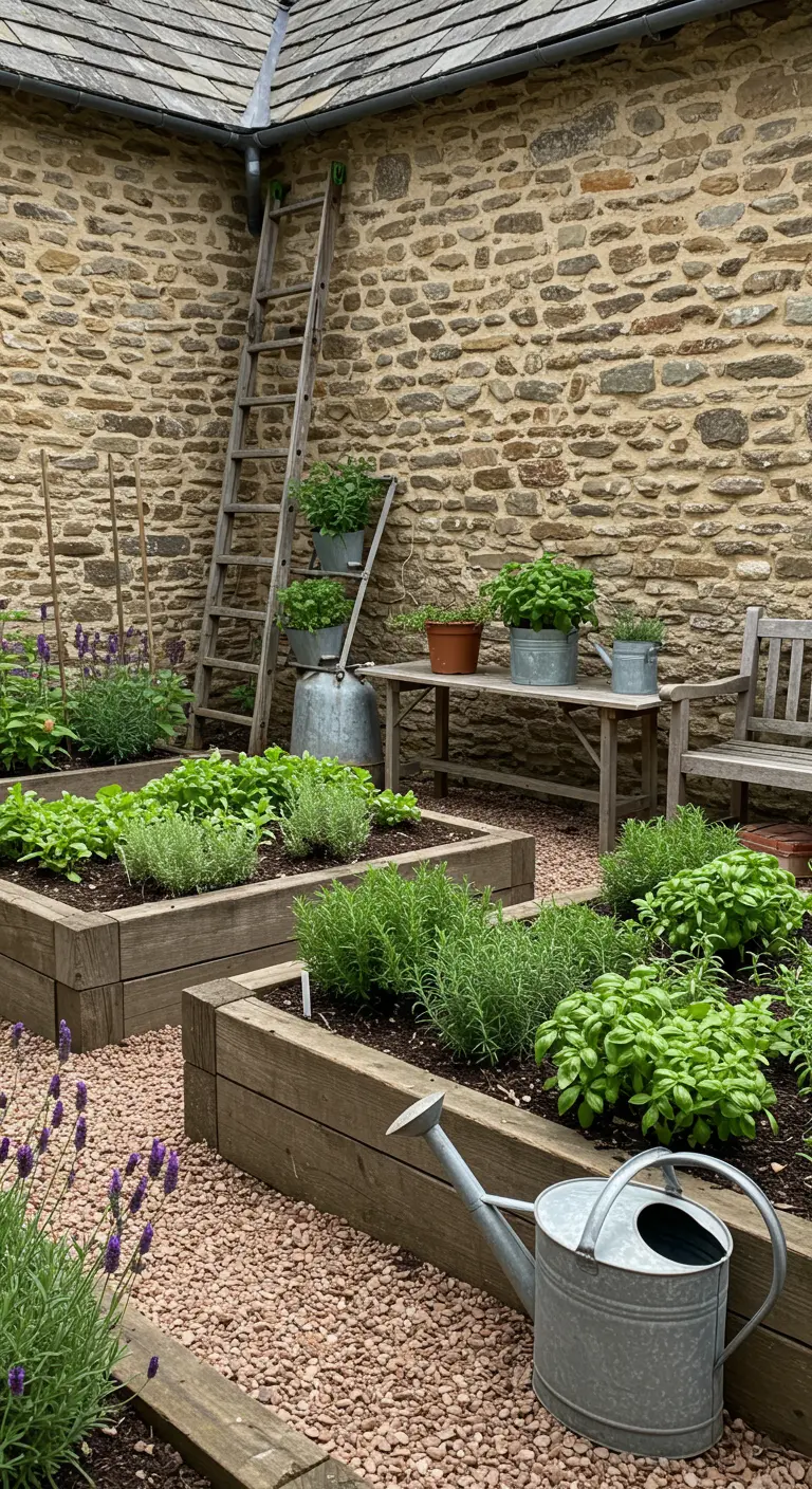 Jardín con bancales elevados de madera llenos de romero y albahaca junto a un muro de piedra
