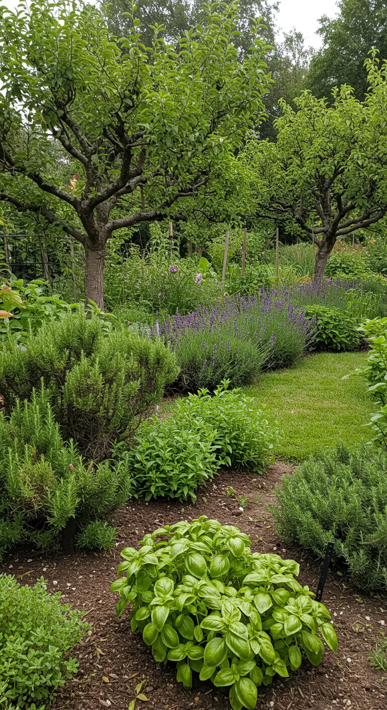 Jardín frondoso y natural con grandes matas de romero, lavanda y albahaca creciendo libremente