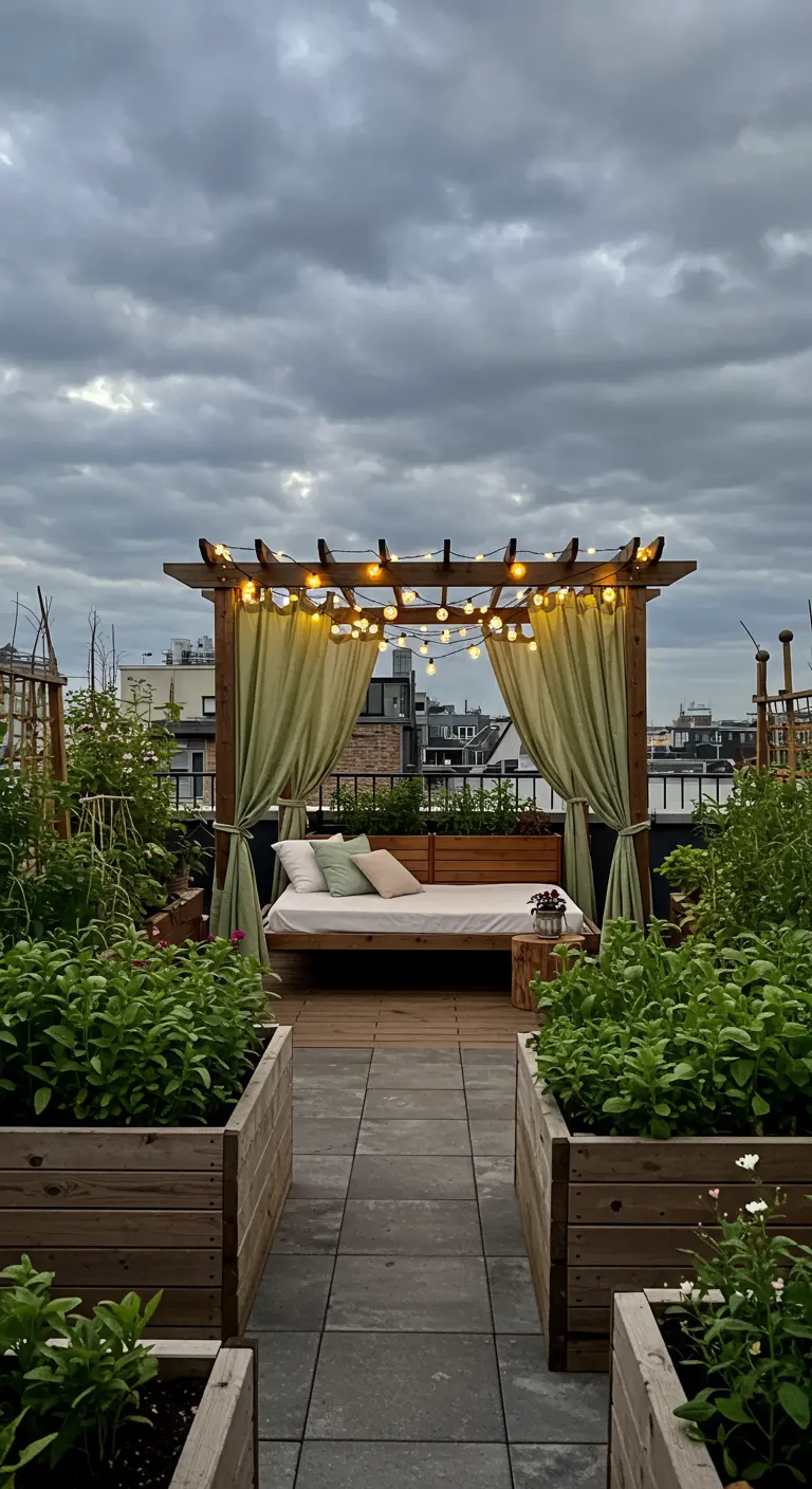 Cama de día bajo una pérgola de madera con luces y cortinas verdes, en una terraza con huerto urbano