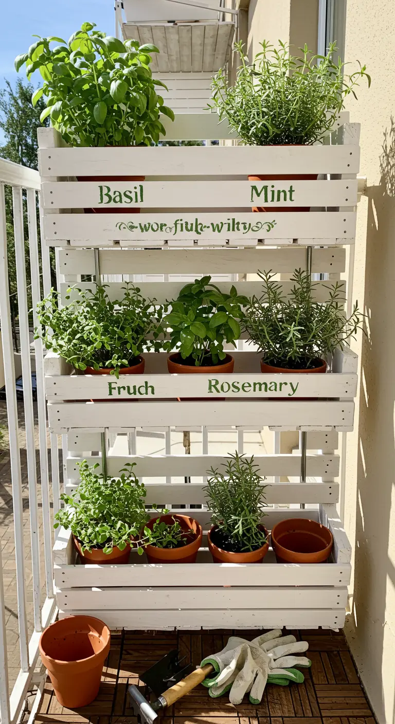 Jardín vertical de hierbas aromáticas en un balcón, hecho con cajas de madera blancas.